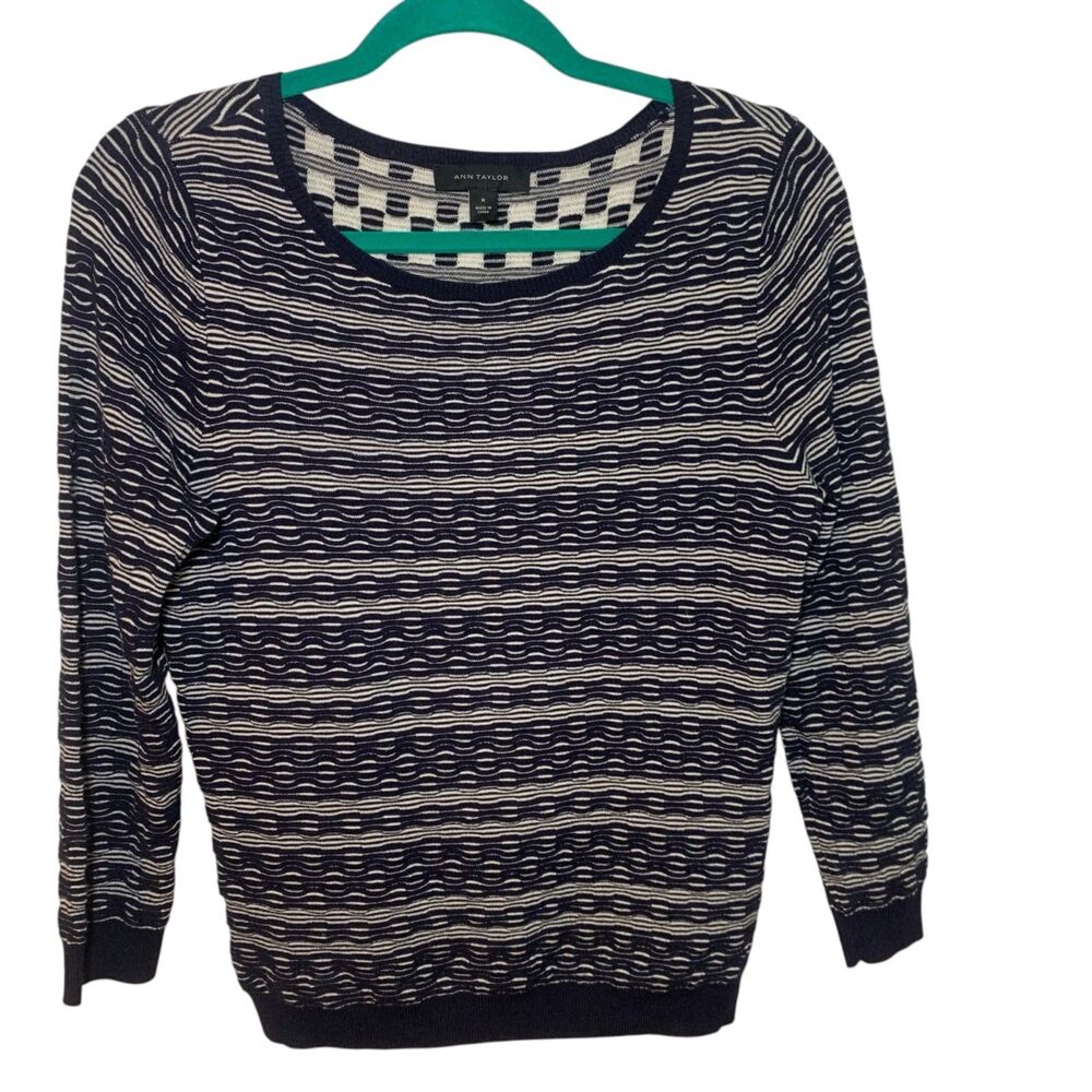 Ann Taylor Navy Blue White Textured Merino Wool Blend Sweater M Office Preppy